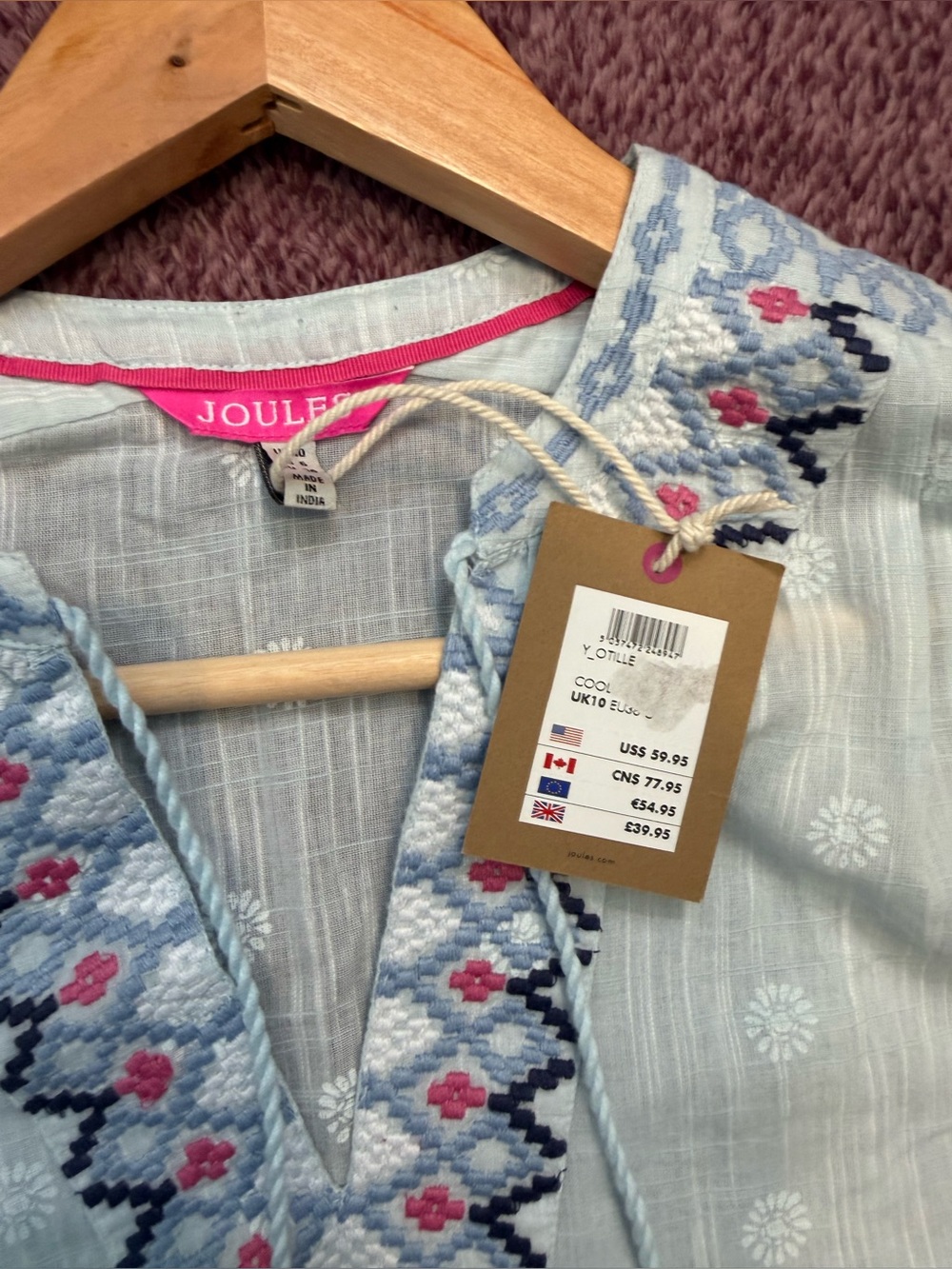 Joules Pale Blue Embroidered Sleeveless Cotton Camisole - Picture 7 of 13